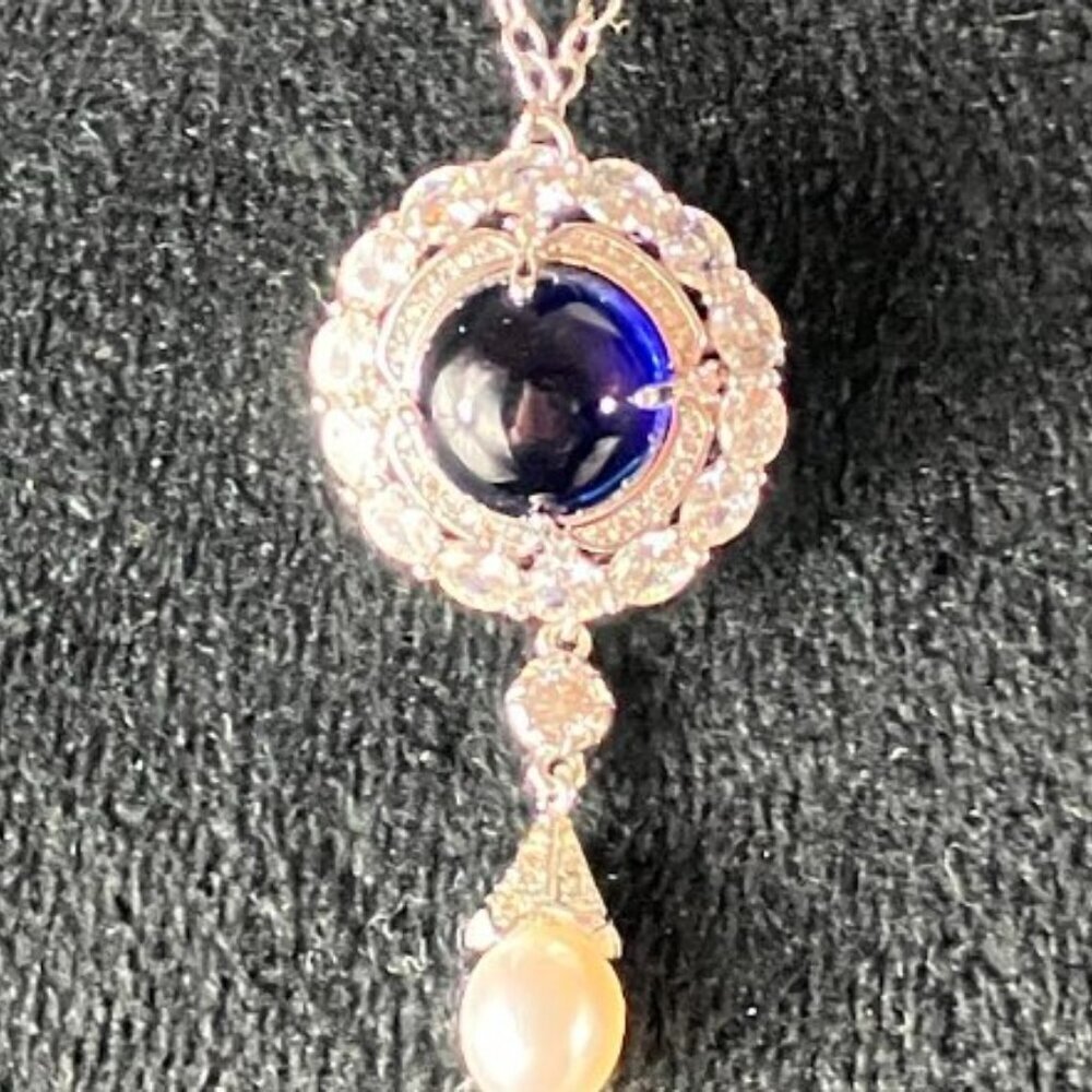 Handcrafted Sapphire Blue Cabochon Clear Cubic Zirconia Pearl Pendant Pin  20" - Picture 3 of 11